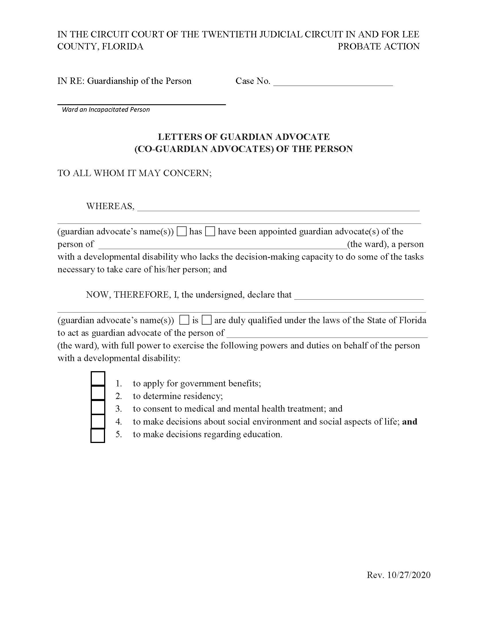 Letters Of Guardian Advocate (Co-Guardian Advocates) Of The Person | Pdf Fpdf Docx | Florida