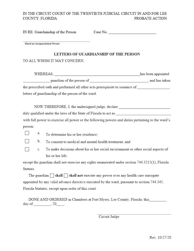 Letters Of Guardianship Of The Person | Pdf Fpdf Docx | Florida