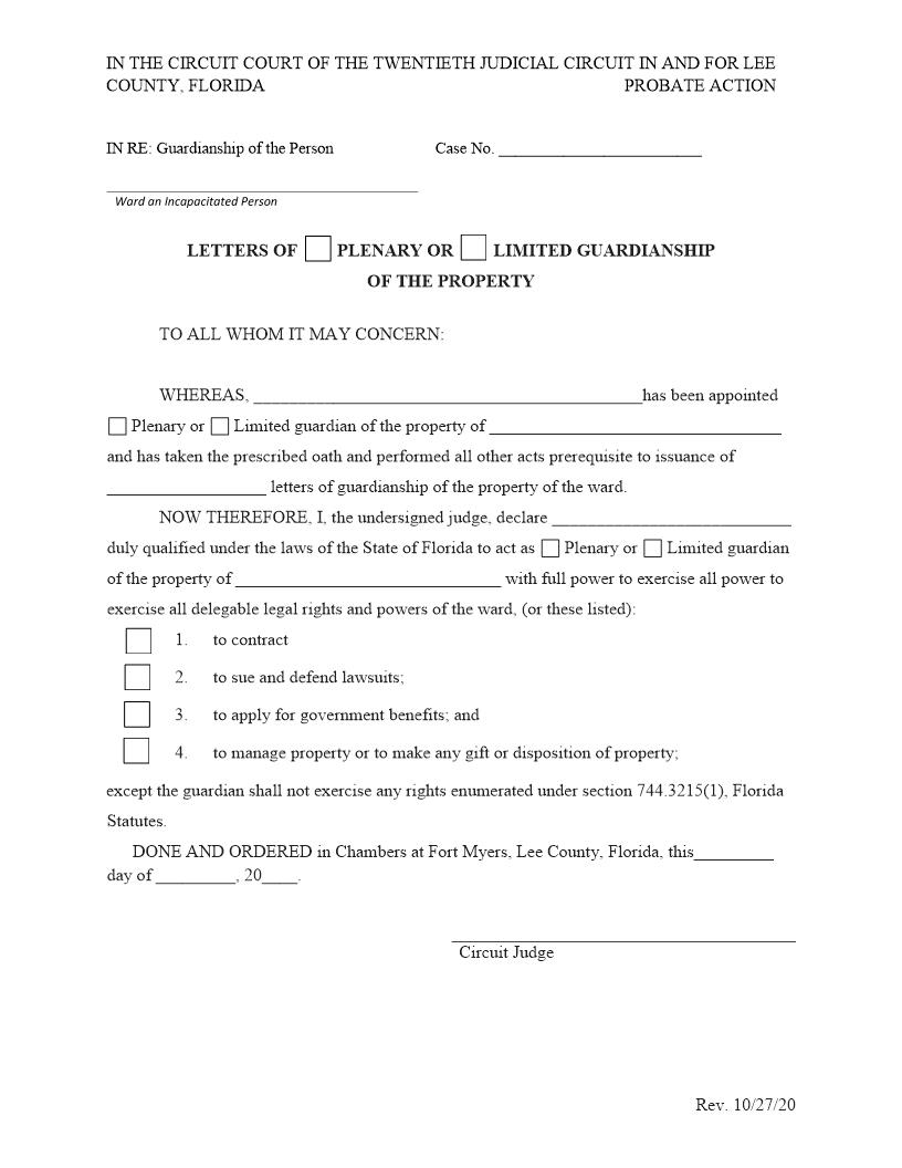 Letters Of Plenary Or Limited Guardianship Of The Property | Pdf Fpdf Docx | Florida
