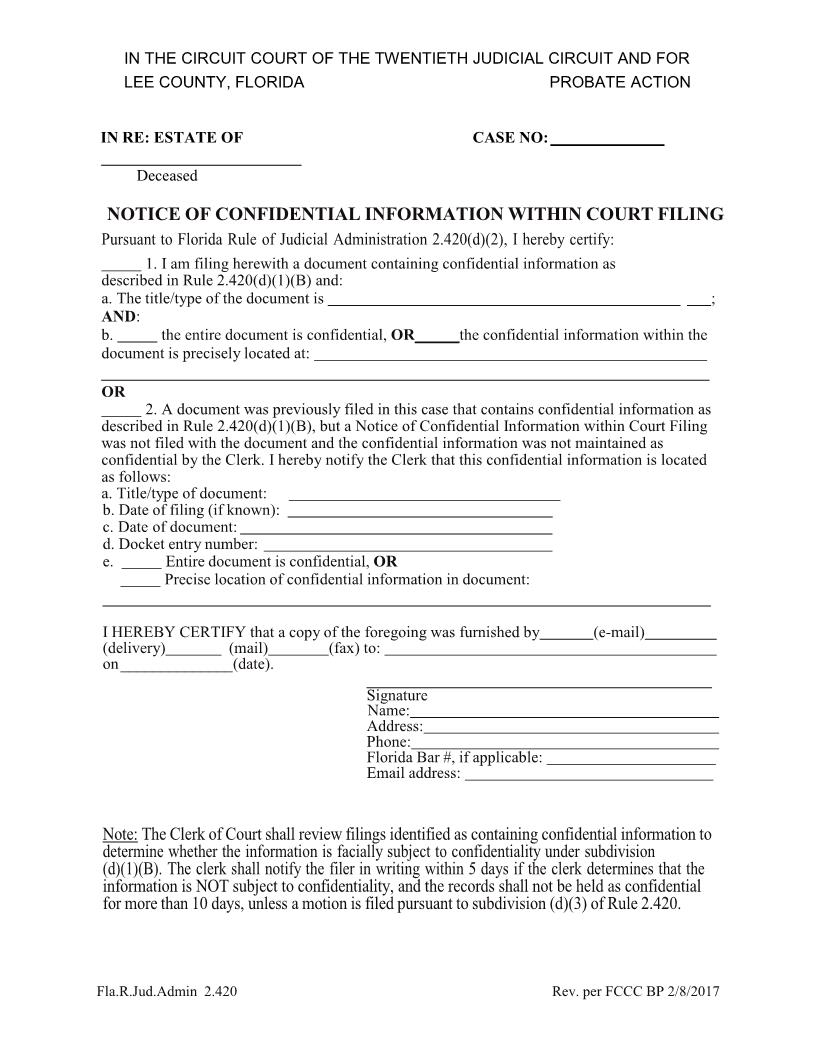Notice Of Confidential Information Within Court Filing (Probate) | Pdf Fpdf Docx | Florida
