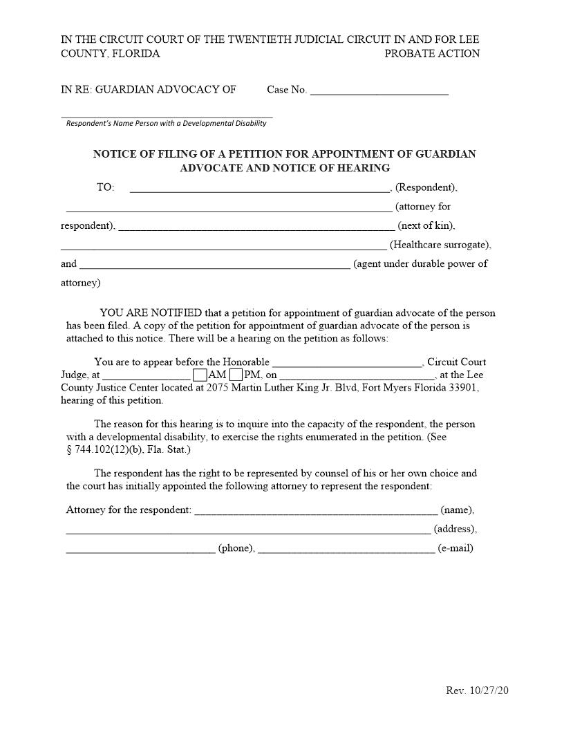 Notice Of Filing Petition For Appointment Guardian Advocate Notice Of Hearing | Pdf Fpdf Docx | Florida