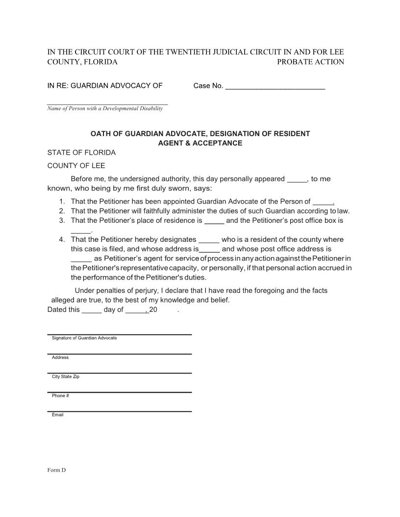Oath Of Guardian Advocate Designation Of Resident Agent And Acceptance {Form D} | Pdf Fpdf Docx | Florida