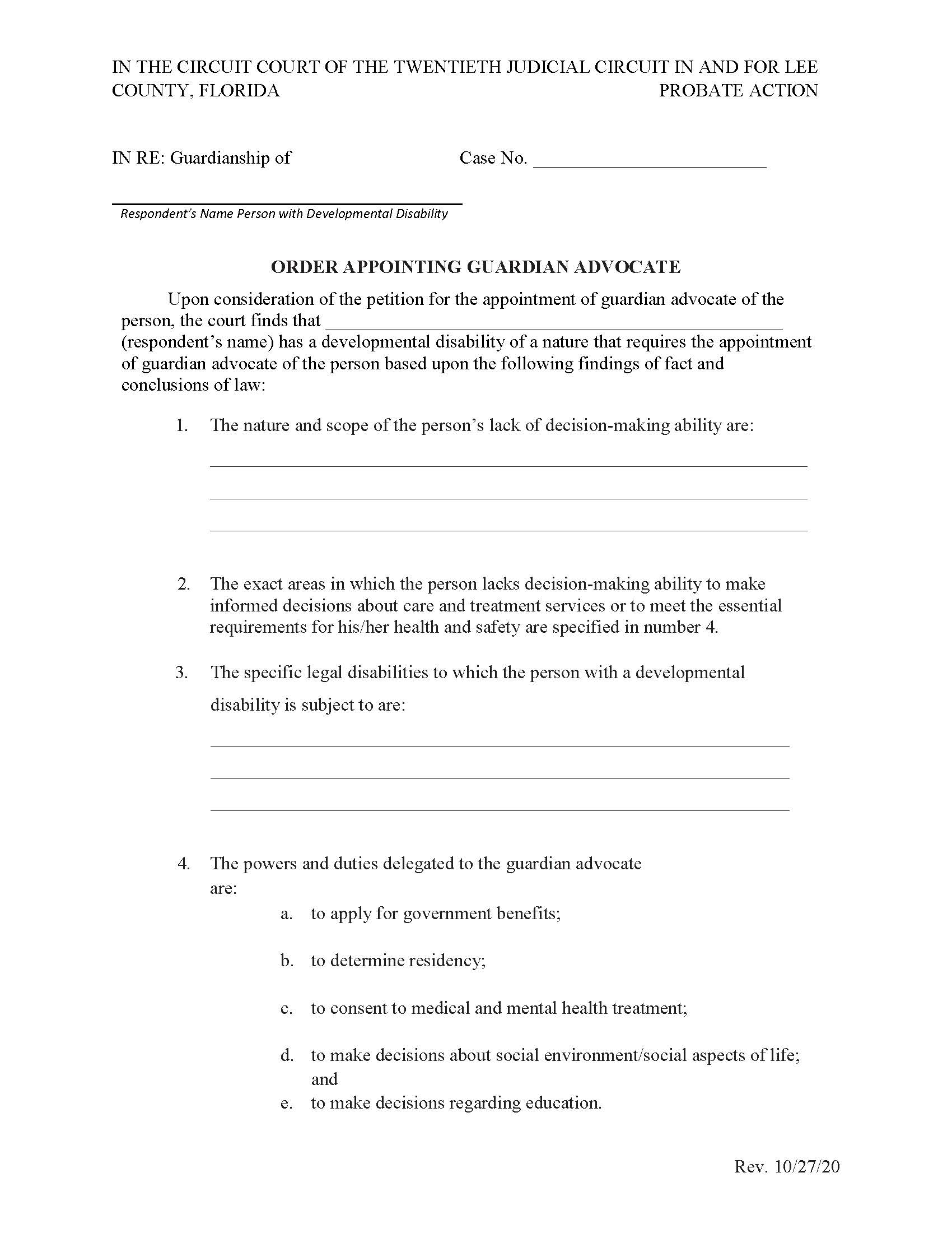 Order Appointing Guardian Advocate | Pdf Fpdf Docx | Florida