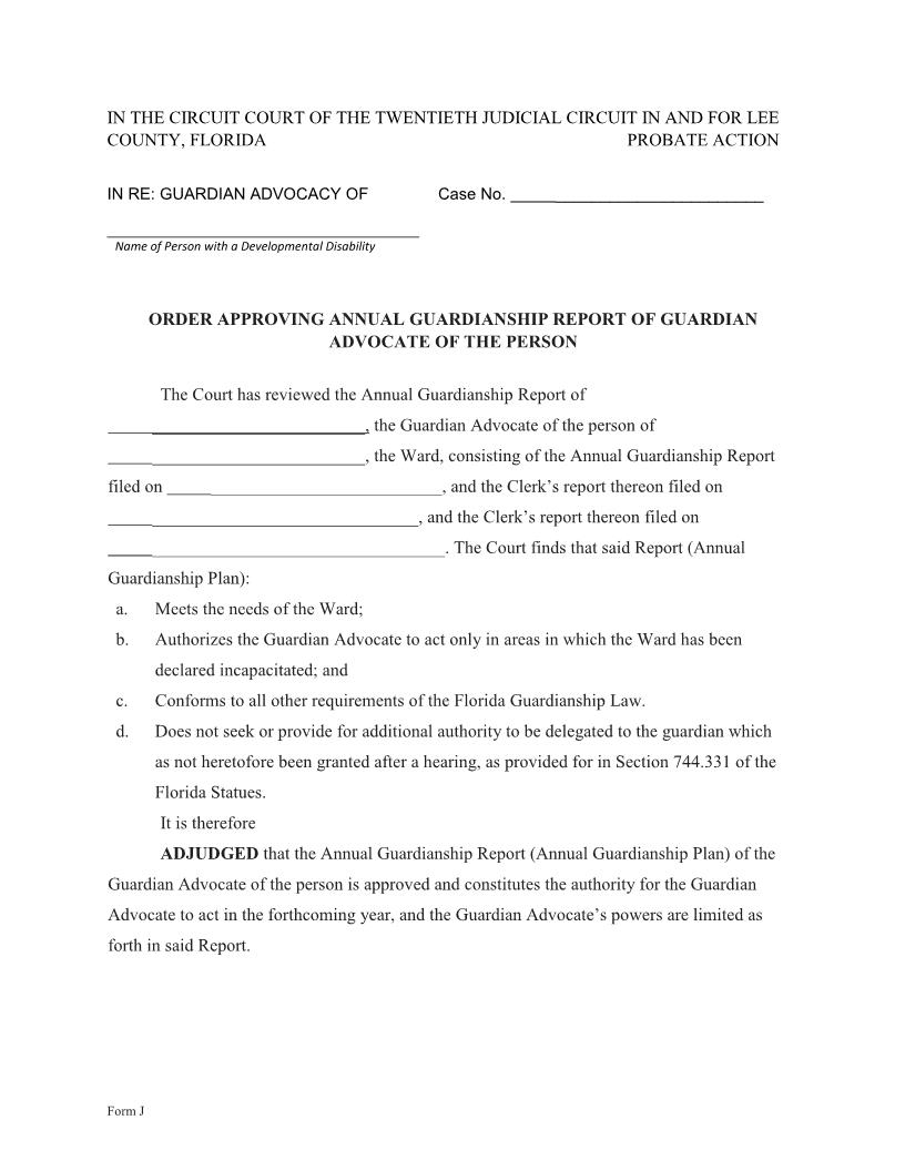 Order Approving Annual Report Of Guardian Advocate Of Person {Form J} | Pdf Fpdf Docx | Florida