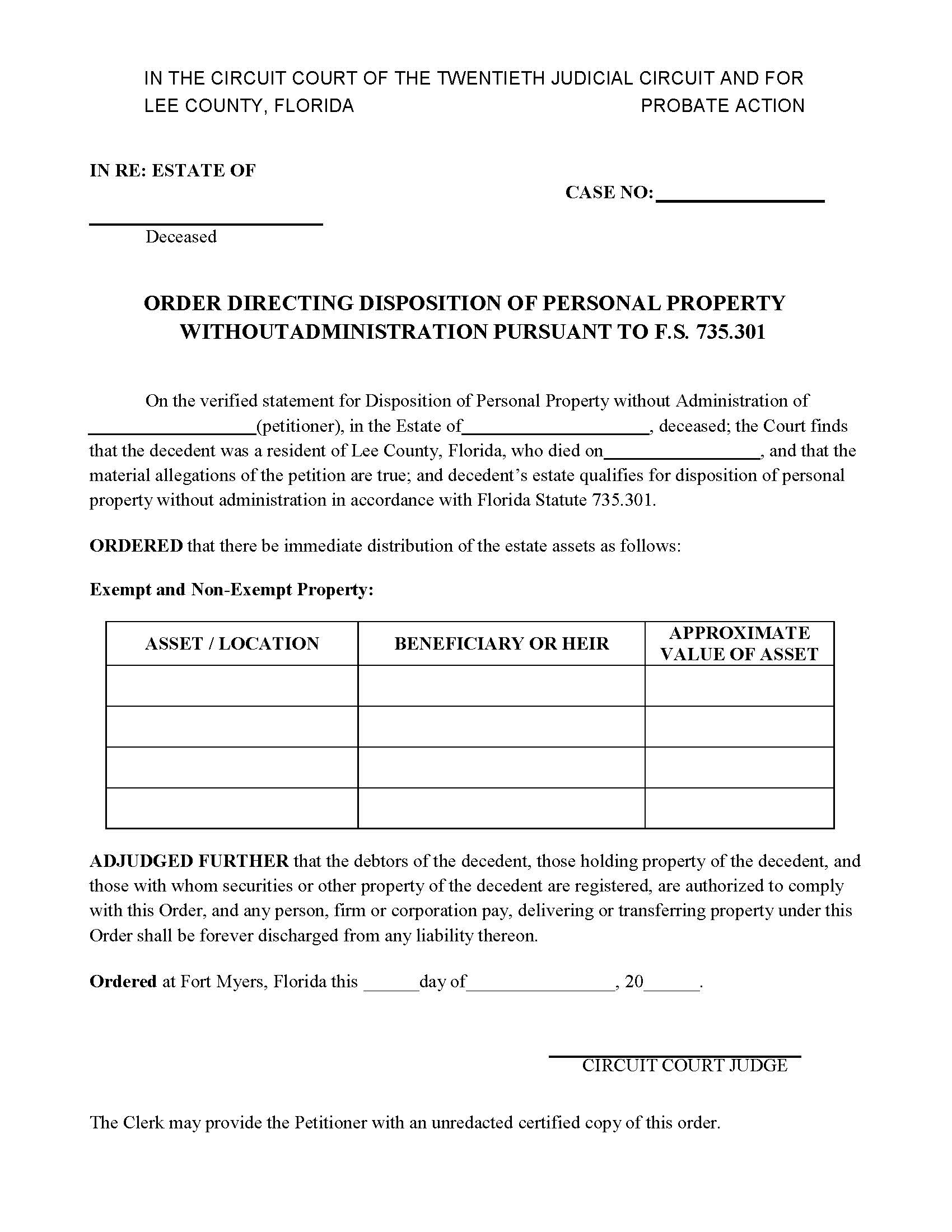 Order Directing Disposition Of Personal Property Without Administration | Pdf Fpdf Docx | Florida