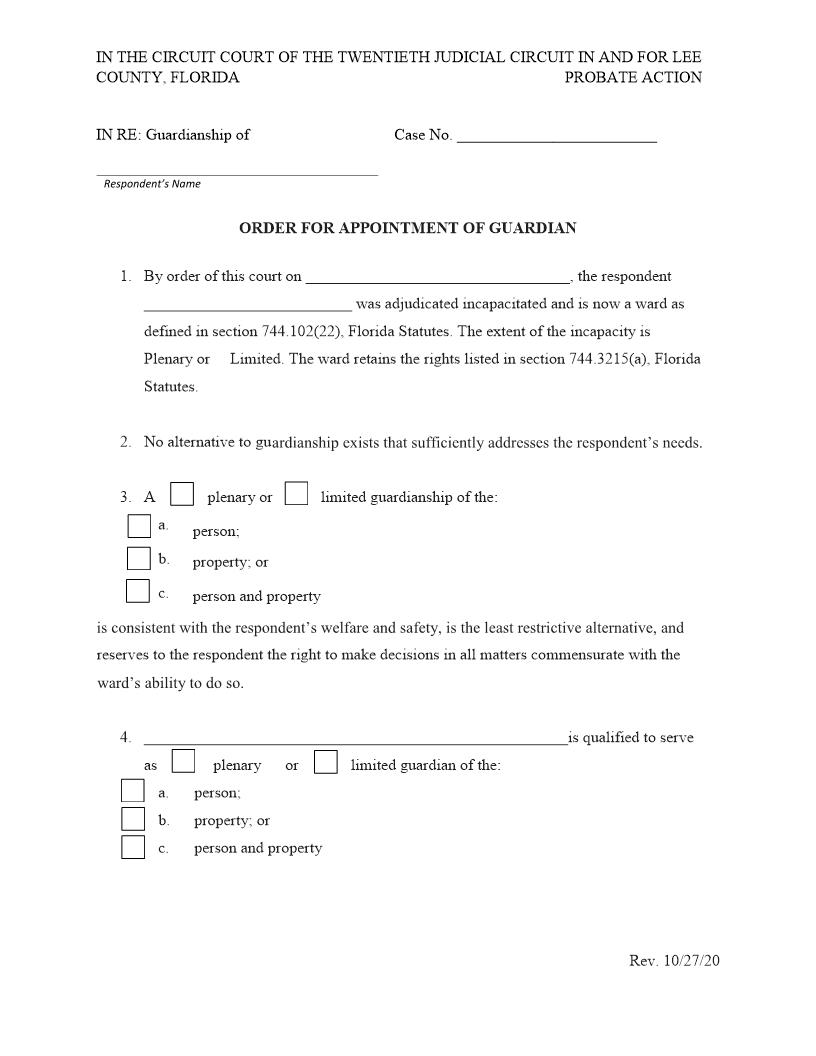 Order For Appointment Of Guardian | Pdf Fpdf Docx | Florida