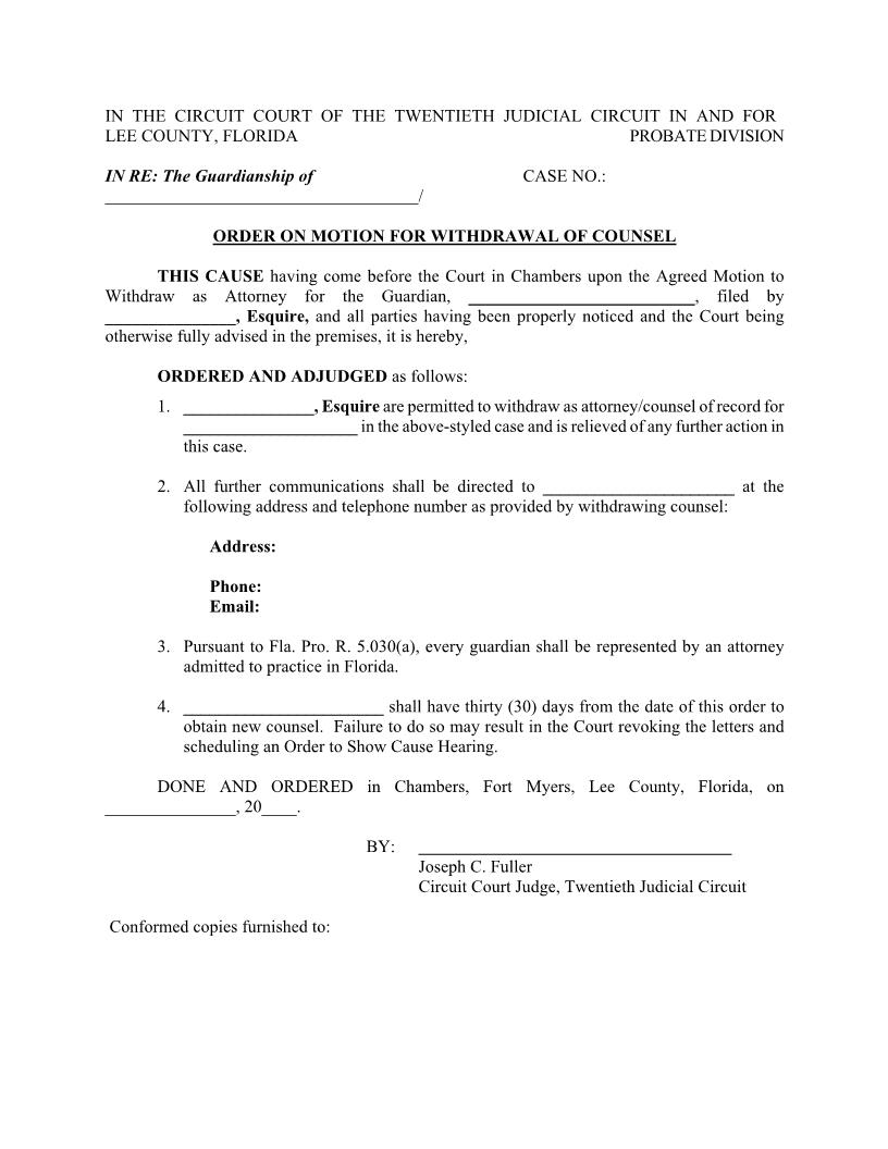 Order On Motion For Withdrawal Of Counsel (Guardianship) (Judge Fuller) | Pdf Fpdf Docx | Florida