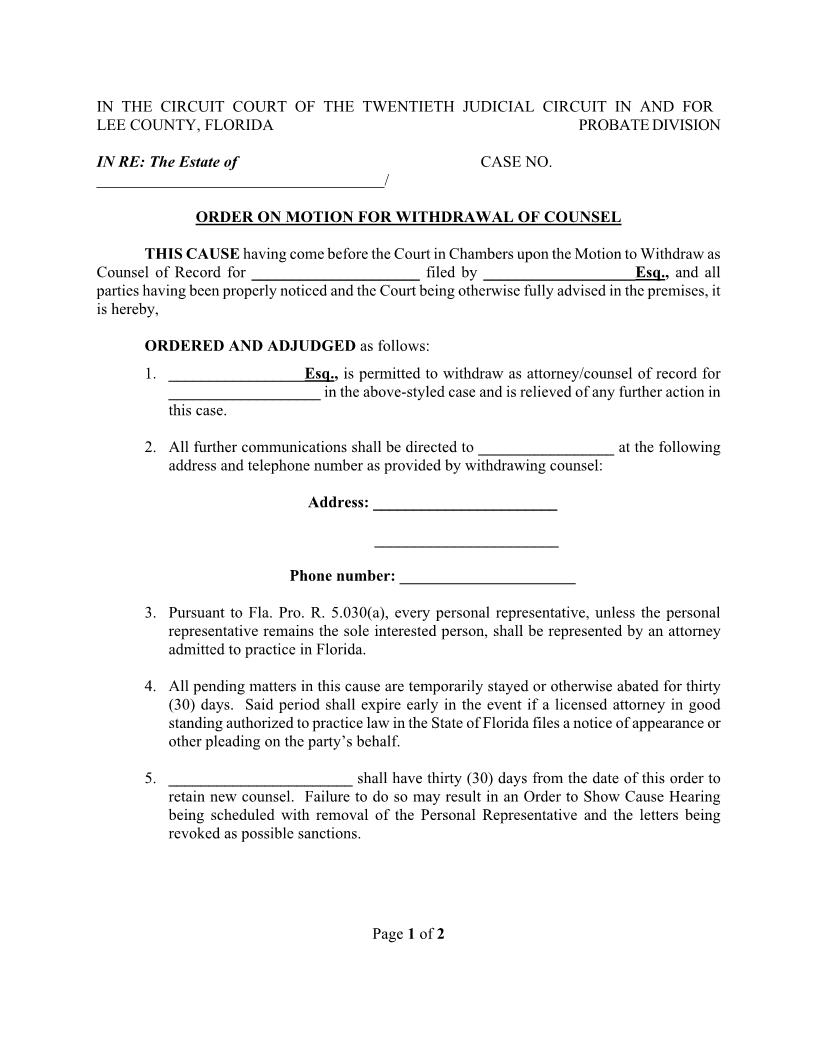 Order On Motion For Withdrawal Of Counsel (Probate) (Judge Fuller) | Pdf Fpdf Docx | Florida