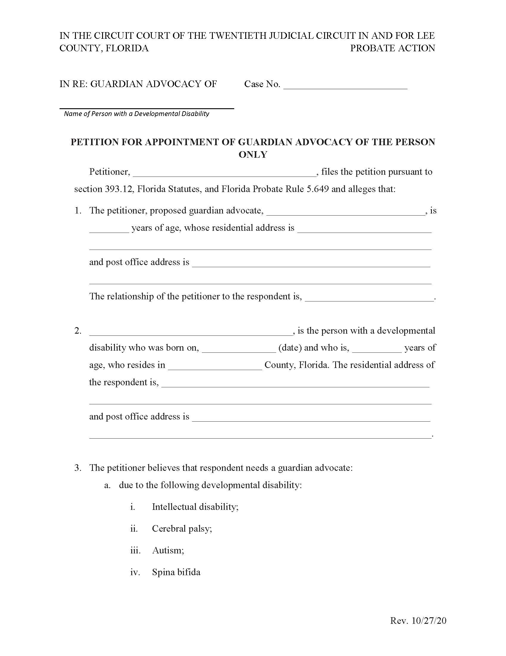 Petition For Appointment Of Guardian Advocacy Of The Person Only | Pdf Fpdf Docx | Florida