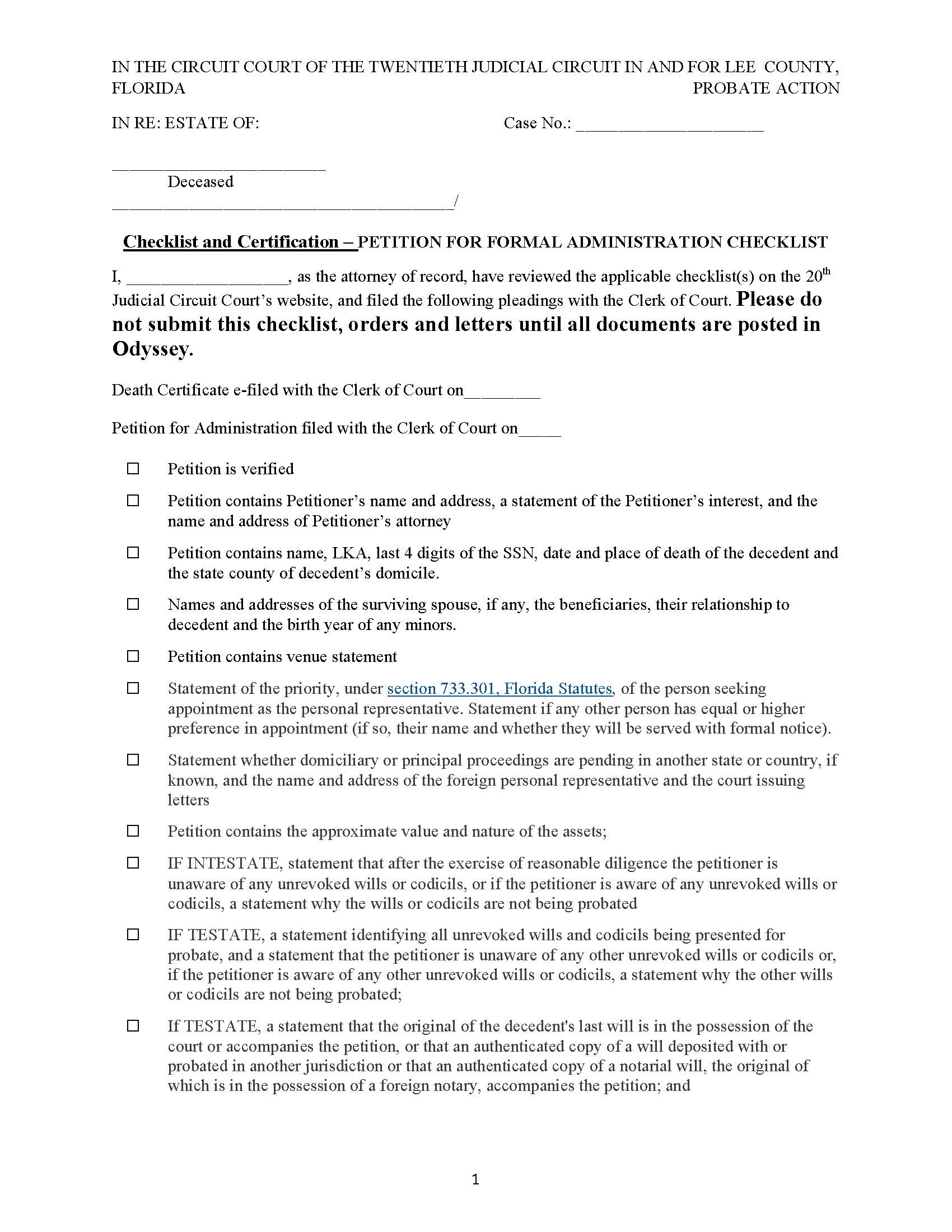 Petition For Formal Adminsitration Checklist {Lee PFAC} | Pdf Fpdf Docx | Florida