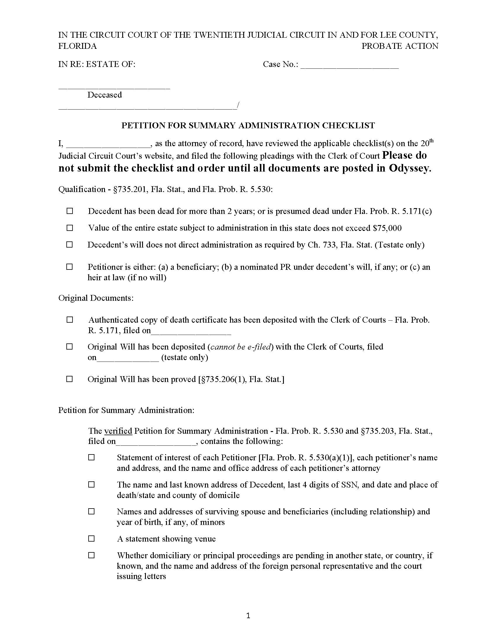 Petition For Summary Adminsitration Checklist {Lee PSAC} | Pdf Fpdf Docx | Florida