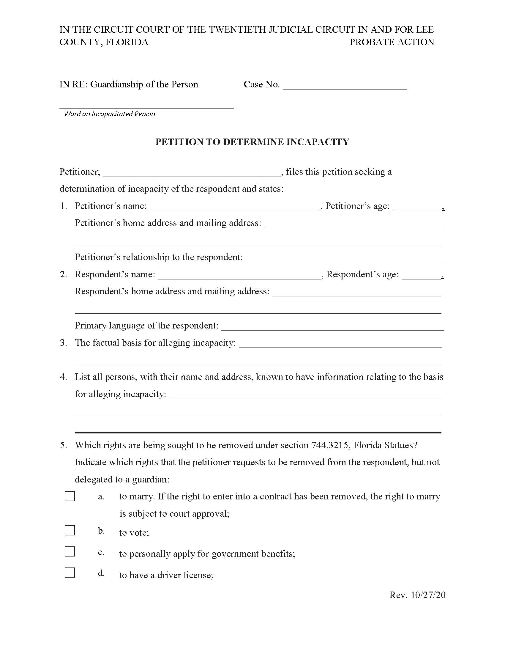 Petition To Determine Incapacity | Pdf Fpdf Doc Docx | Florida