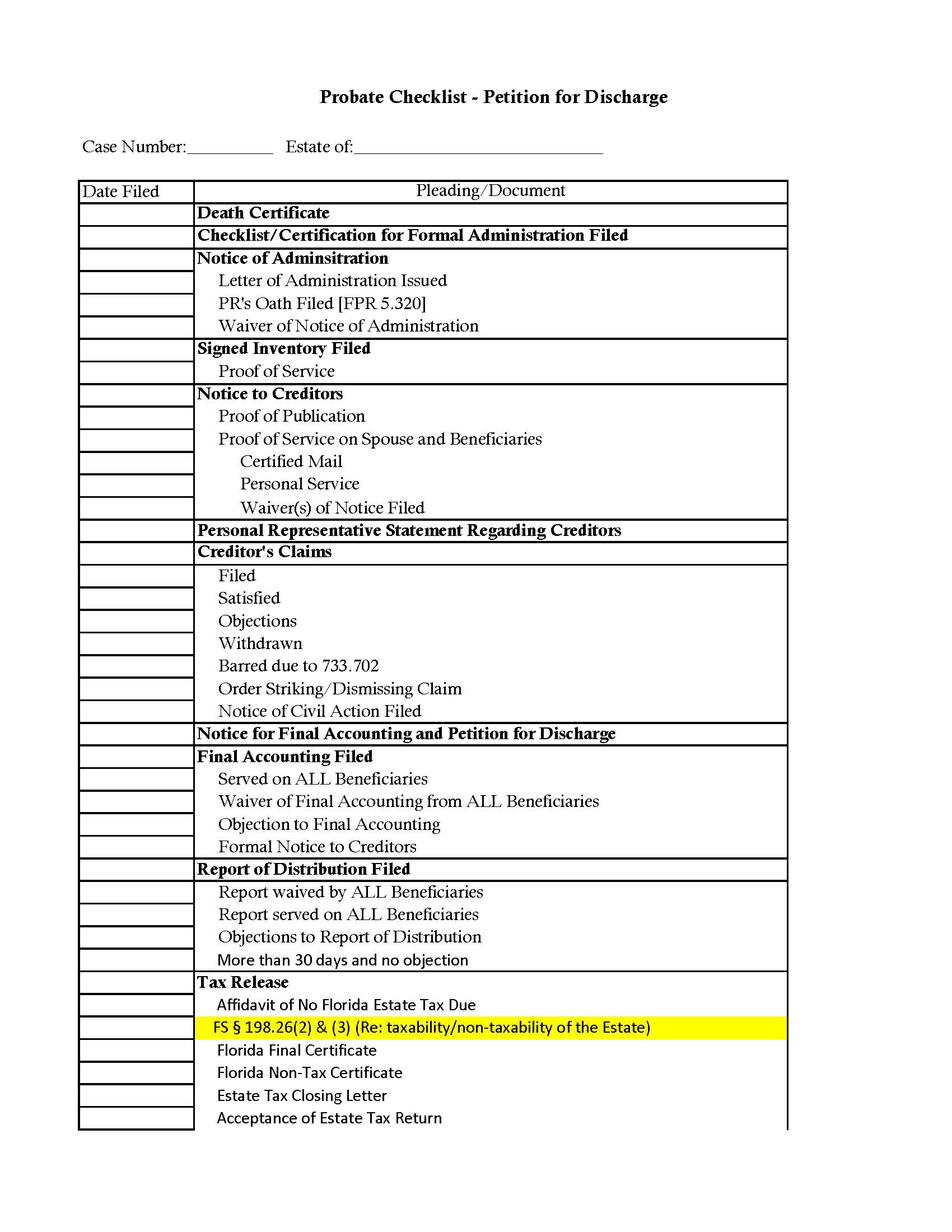Probate Checklist - Petition For Discharge {Lee PC-PD} | Pdf Fpdf Docx | Florida