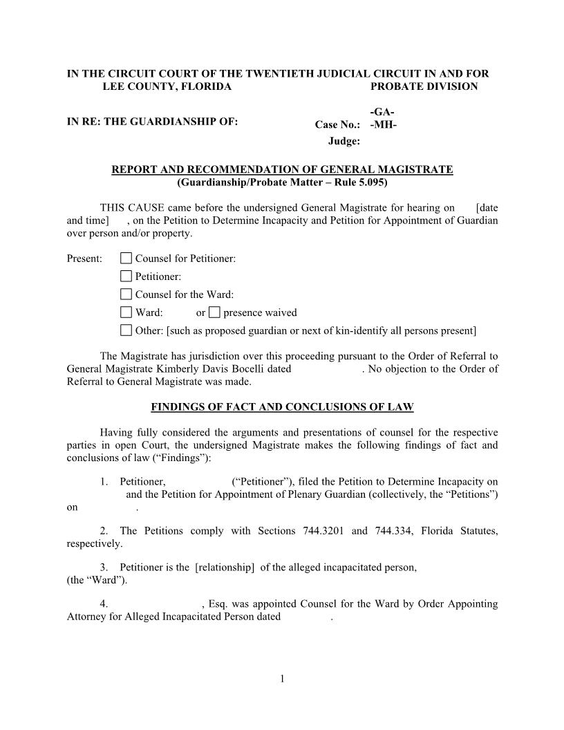 Report And Recommendation (Guardianship Incapacity - Mag. Judge Bocelli) | Pdf Fpdf Docx | Florida