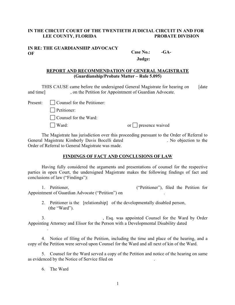 Report And Recommendation Of Magistrate (Guardian Advocate - Mag. Judge Bocelli) {LEE RRMGA-KDB} | Pdf Fpdf Docx | Florida