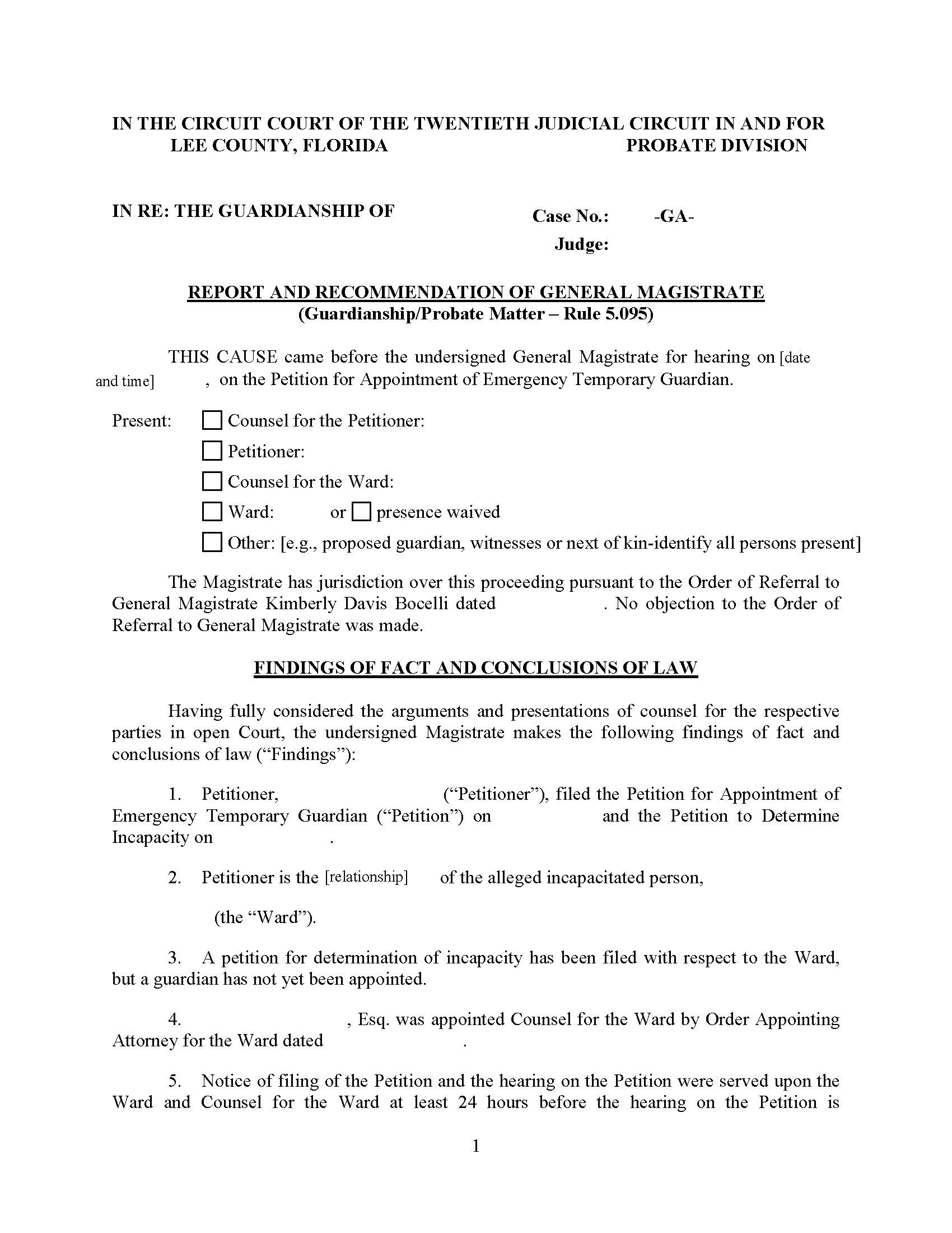 Report Recommendation General Magistrate (Emergency Temporary Guardian - Mag. Judge Bocelli) | Pdf Fpdf Docx | Florida