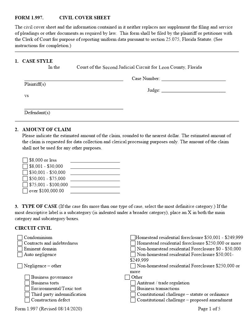 Civil Cover Sheet | Pdf Fpdf Docx | Florida