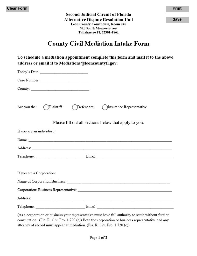 County Civil Mediation Intake Form | Pdf Fpdf Docx | Florida