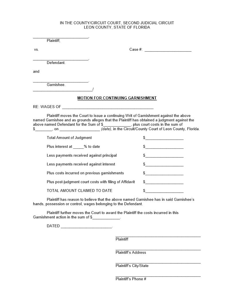 Motion For Continuing Garnishment | Pdf Fpdf Docx | Florida