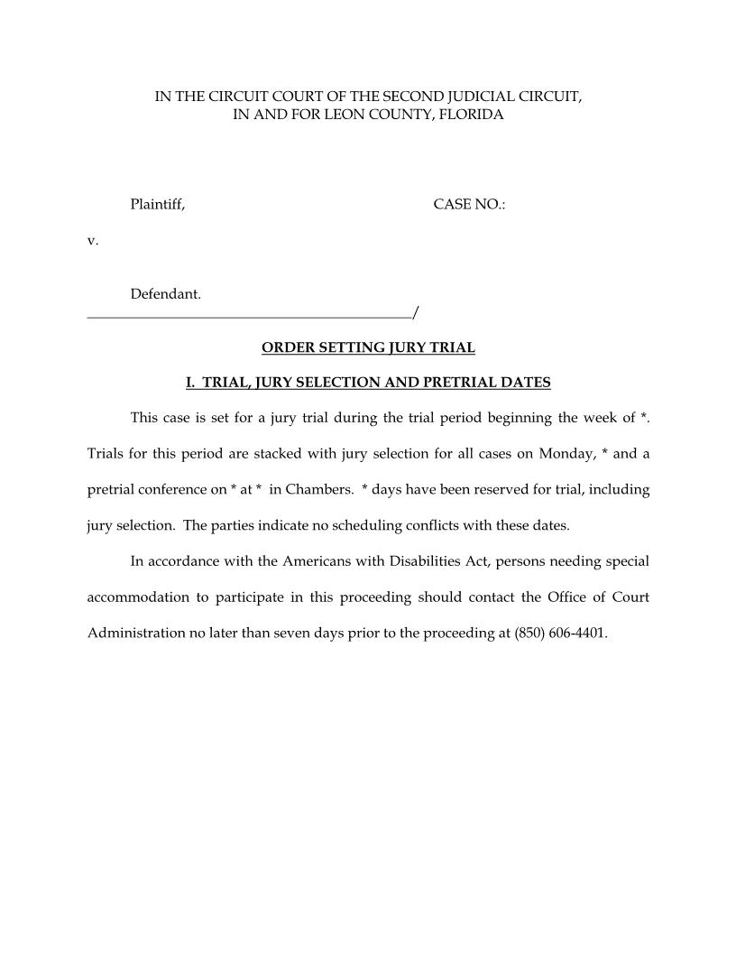 Order Setting Jury Trial (Judge Flury) {FL-Le_OSJT-RWF} | Pdf Fpdf Docx | Florida