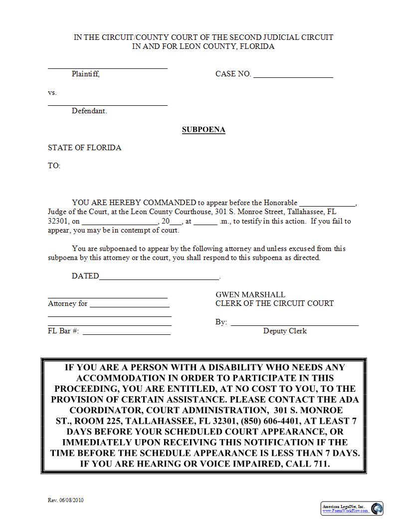 Subpoena (Witness) | Pdf Fpdf Docx | Florida