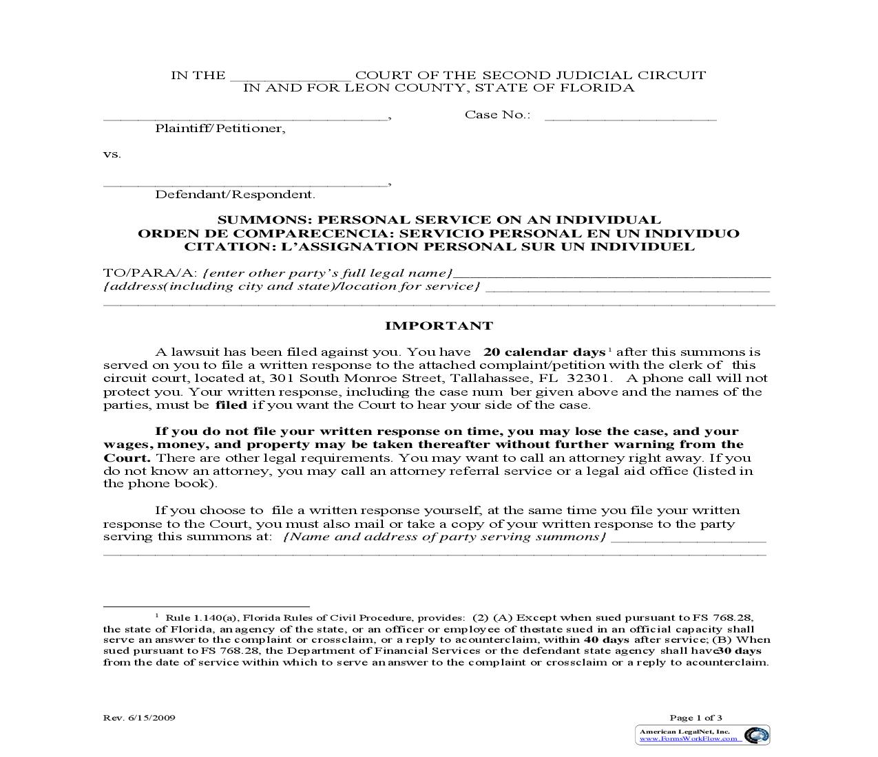 Summons - Personal Service On An Individual | Pdf Fpdf Doc Docx | Florida