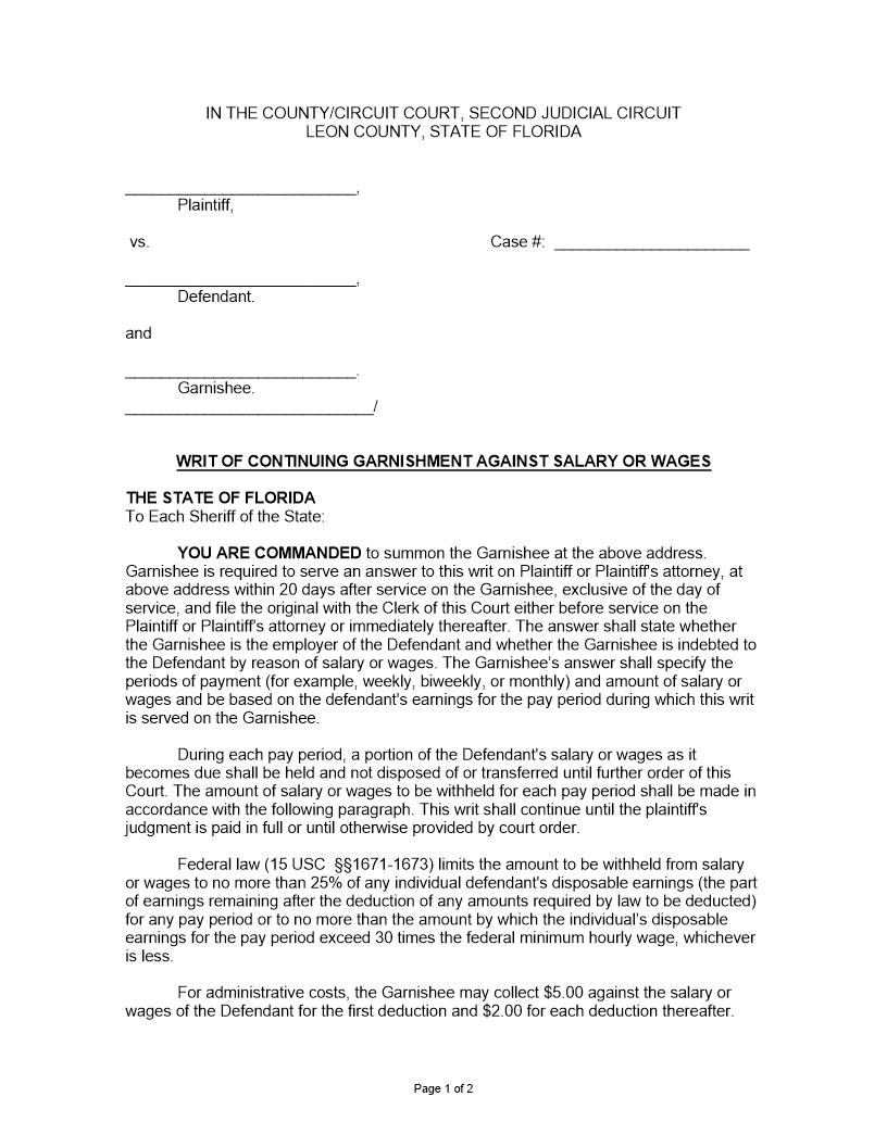 Writ Of Continuing Garnishment Against Salary Or Wages | Pdf Fpdf Docx | Florida