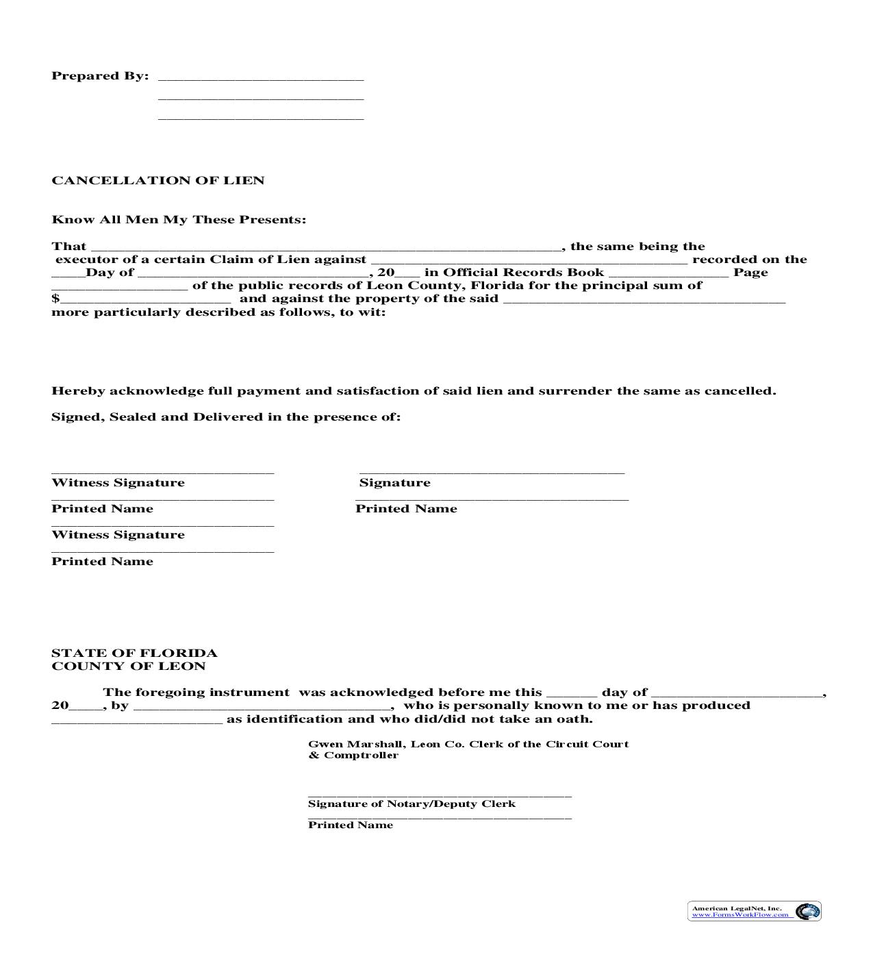 Cancellation Of Lien | Pdf Fpdf Doc Docx | Florida