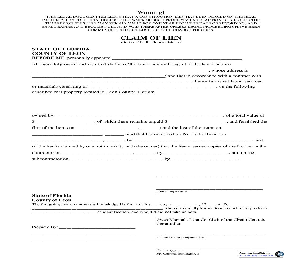 Claim Of Lien | Pdf Fpdf Doc Docx | Florida