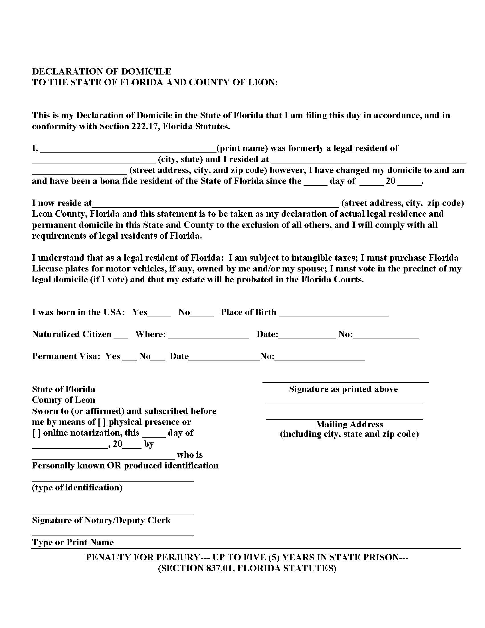 Declaration Of Domicile | Pdf Fpdf Doc Docx | Florida