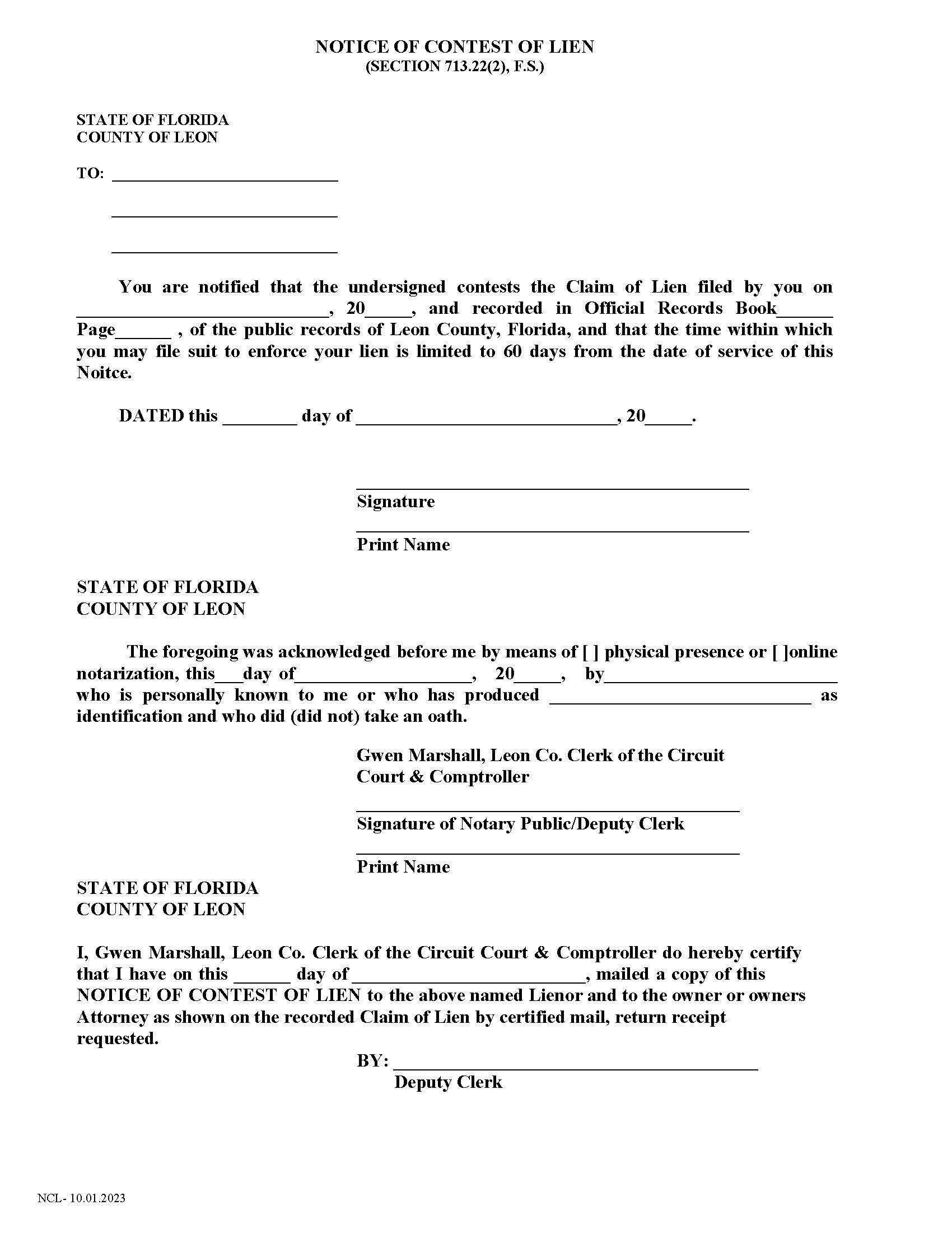 Notice Of Contest Of Lien | Pdf Fpdf Doc Docx | Florida