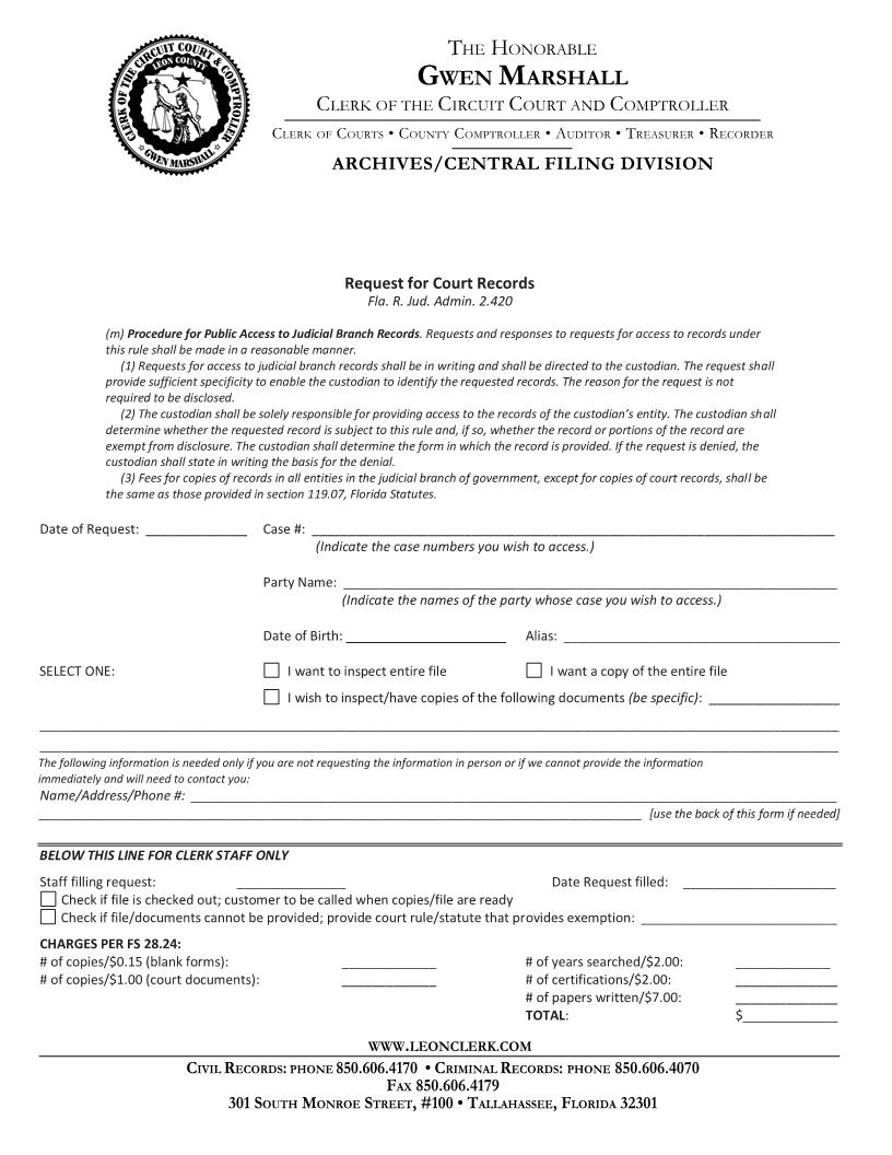 Request For Court Records | Pdf Fpdf Docx | Florida
