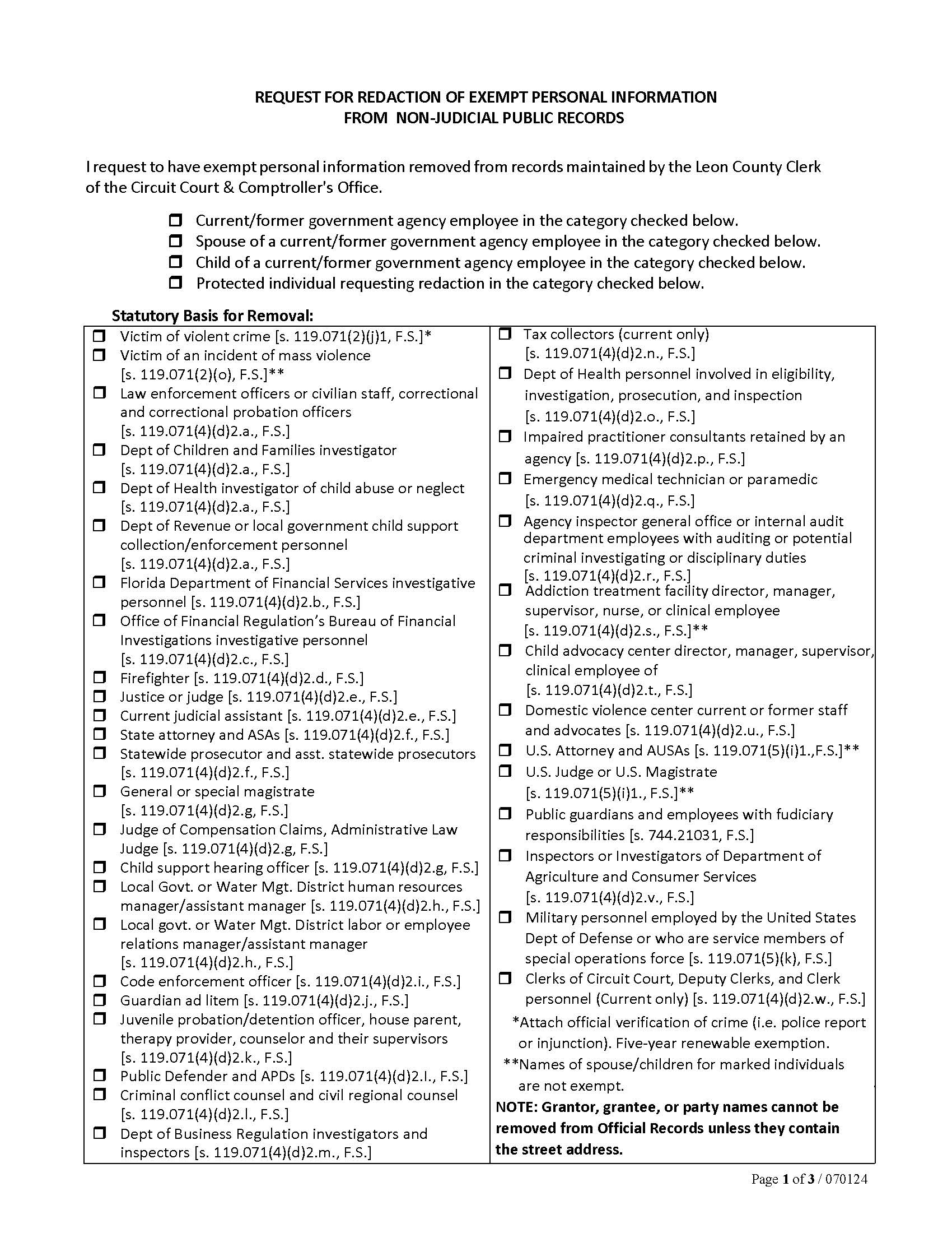 Request For Redaction Of Exempt Personal Information From Public Records | Pdf Fpdf Docx | Florida