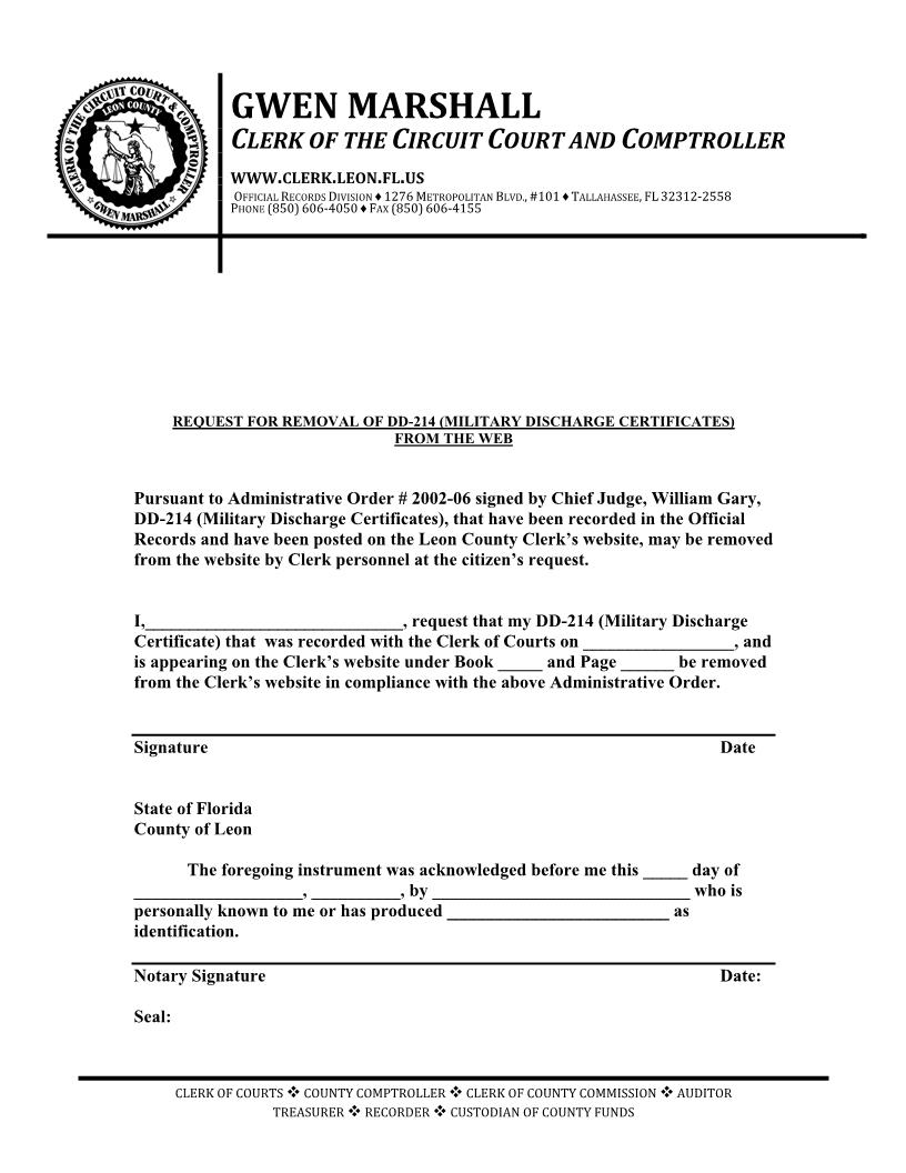 Request For Removal Of DD-214 (Military Discharge Certificates) From Web | Pdf Fpdf Docx | Florida