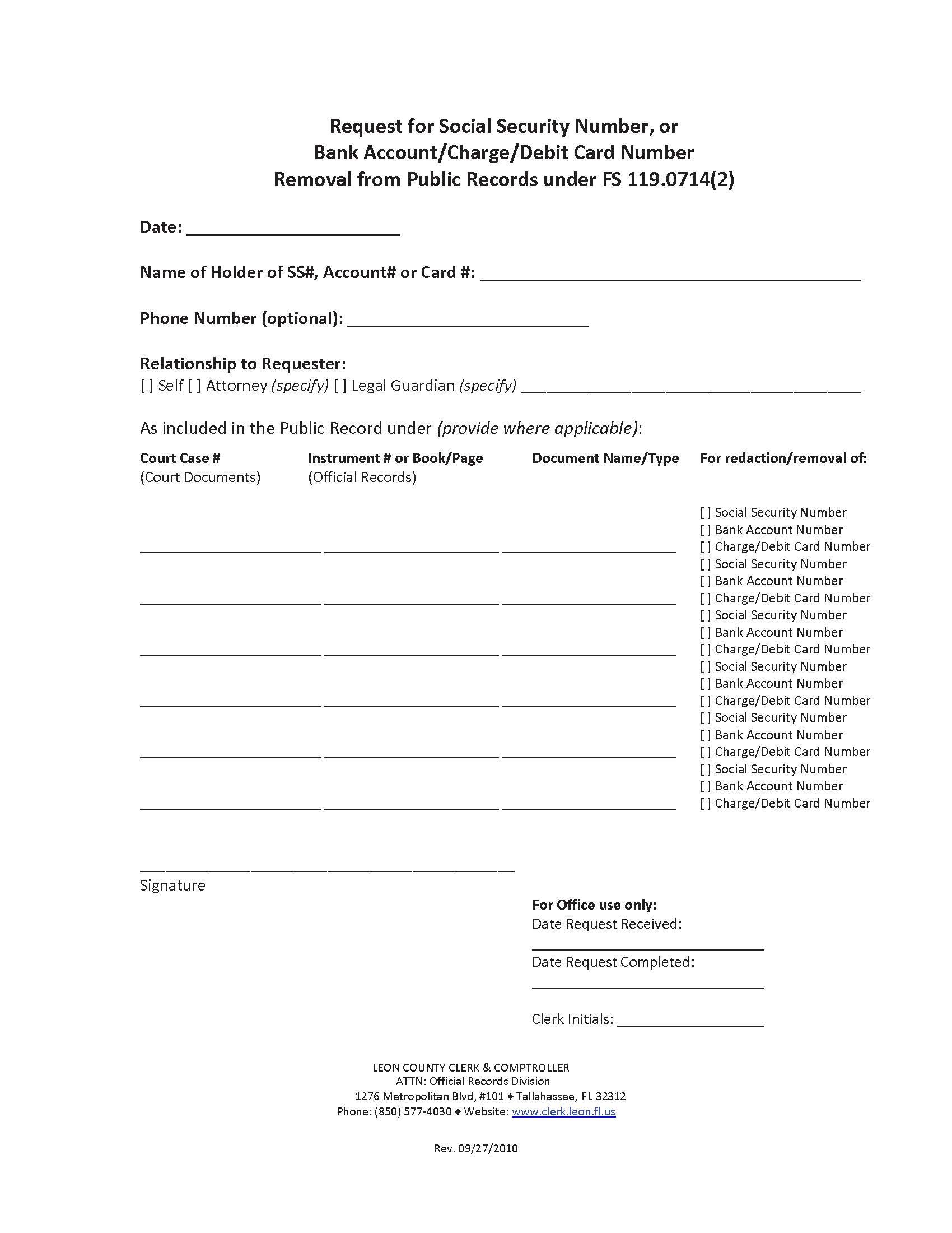 Request For SS Number Bank-Charge Account Removal From Public Records | Pdf Fpdf Docx | Florida