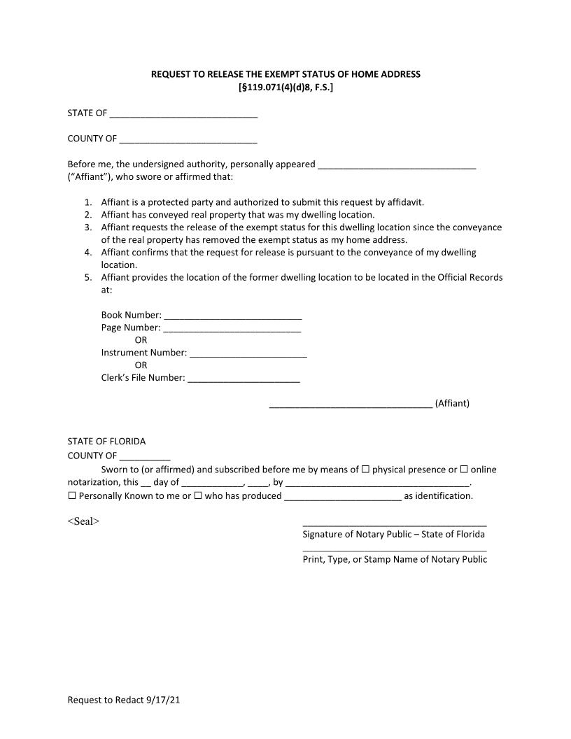 Request To Release Exempt Status Of Home Address | Pdf Fpdf Docx | Florida