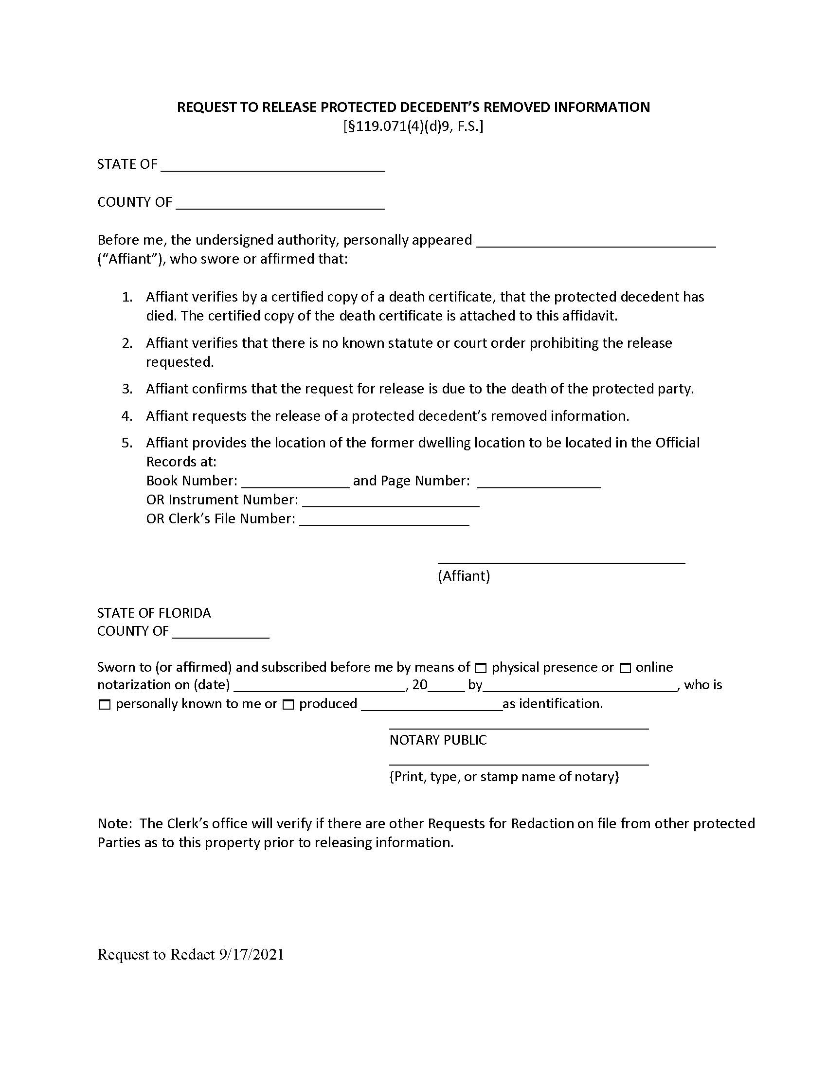 Request To Release Protected Decedents Removed Information | Pdf Fpdf Docx | Florida