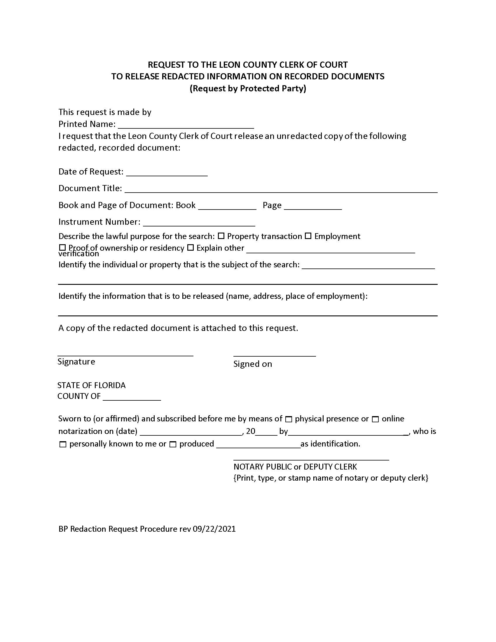 Request To Release Redacted Information On Recorded Documens For Protected Party) | Pdf Fpdf Docx | Florida