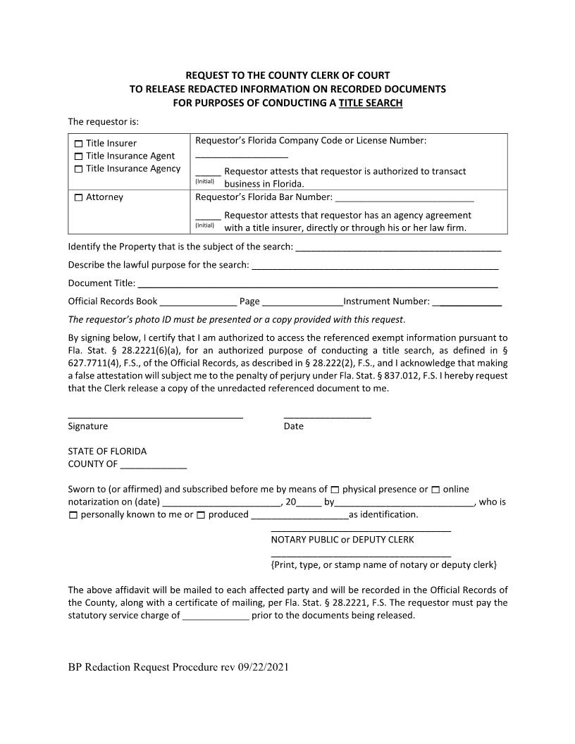 Request To Release Redacted Information On Recorded Documens For Title Search | Pdf Fpdf Docx | Florida
