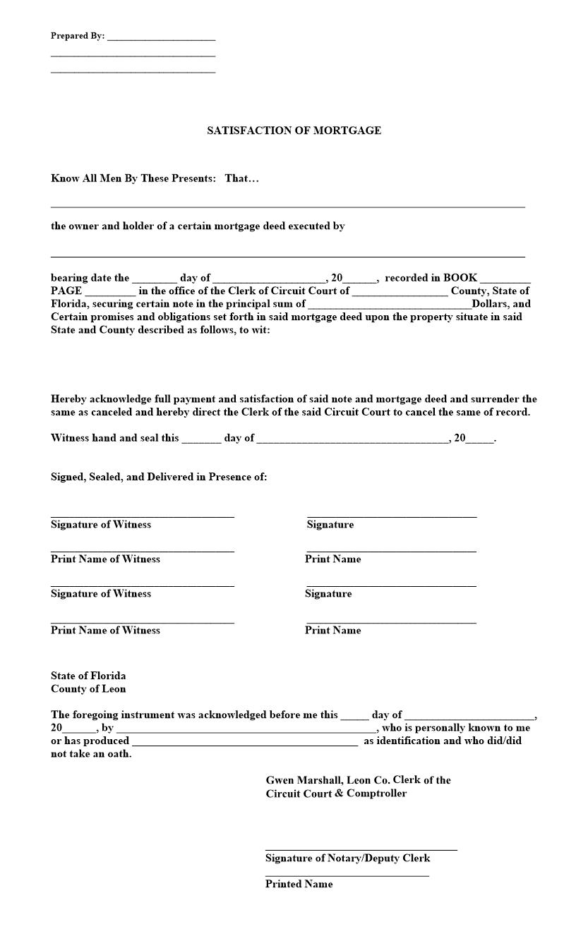 Satisfaction Of Mortgage | Pdf Fpdf Docx | Florida