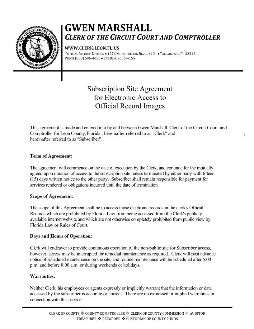 Subscription Site Agreement For Electronic Access To Official Record Images | Pdf Fpdf Docx | Florida