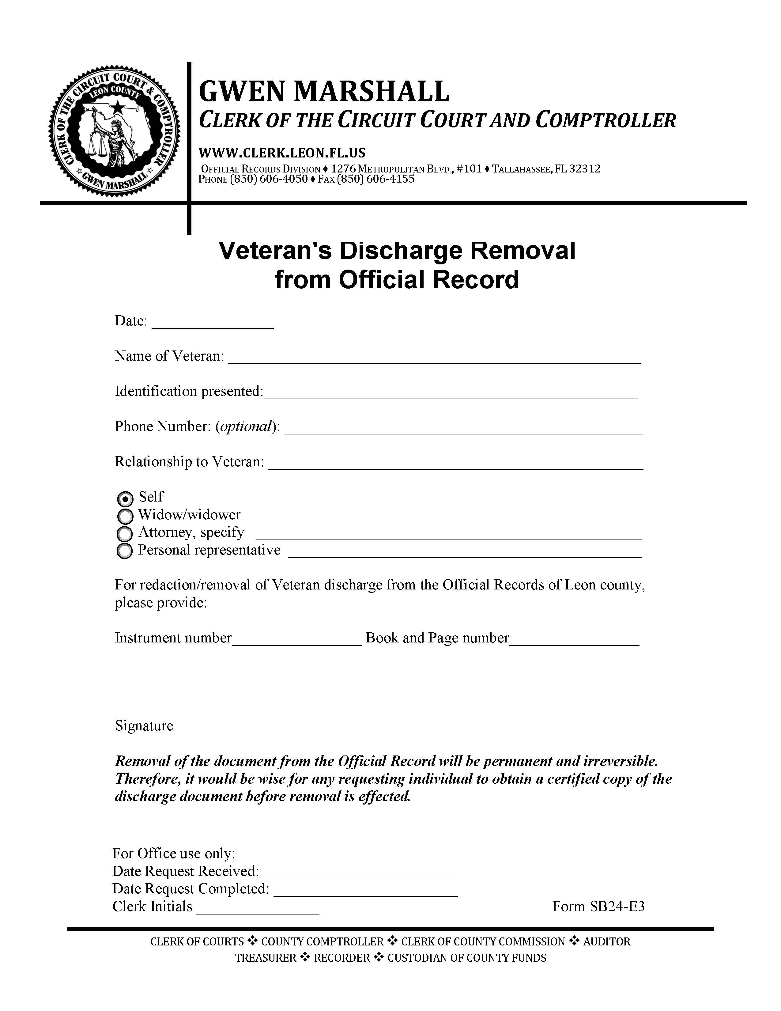Veterans Discharge Removal From Official Record | Pdf Fpdf Docx | Florida