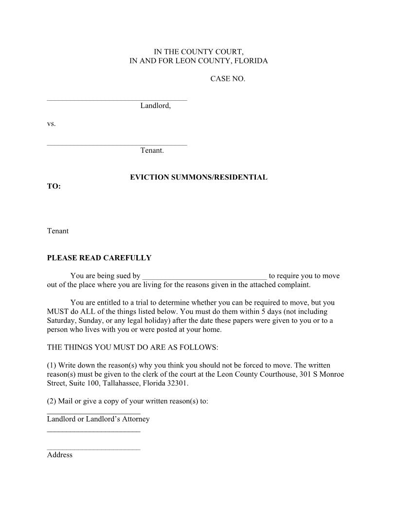 Eviction Summons Residential | Pdf Fpdf Doc Docx | Florida