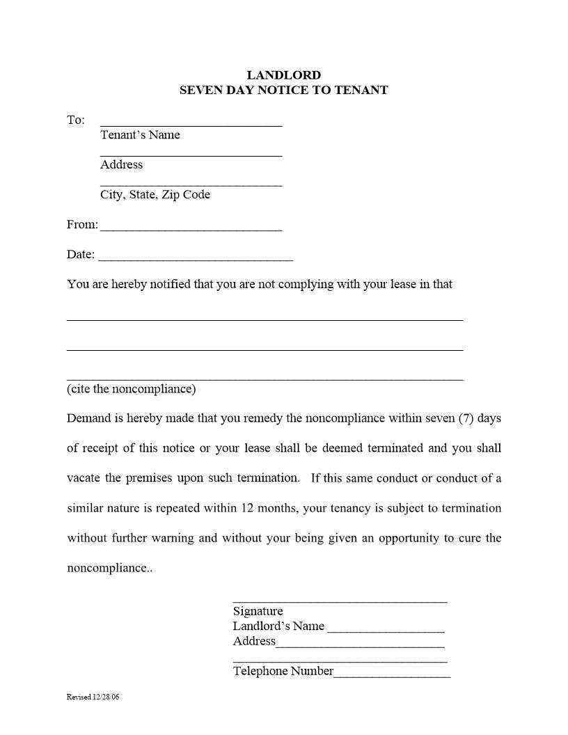Landlord Seven Day Notice To Tenant {To Cure Noncompliance) | Pdf Fpdf Docx | Florida