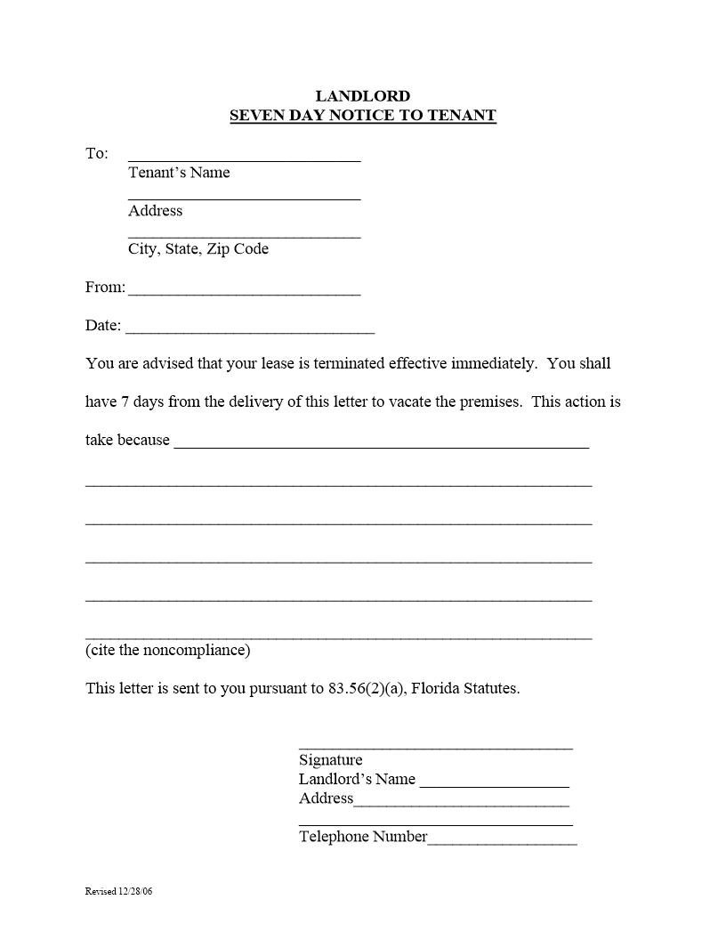 Landlord Seven Day Notice To Tenant {To Vacate Premises) | Pdf Fpdf Docx | Florida