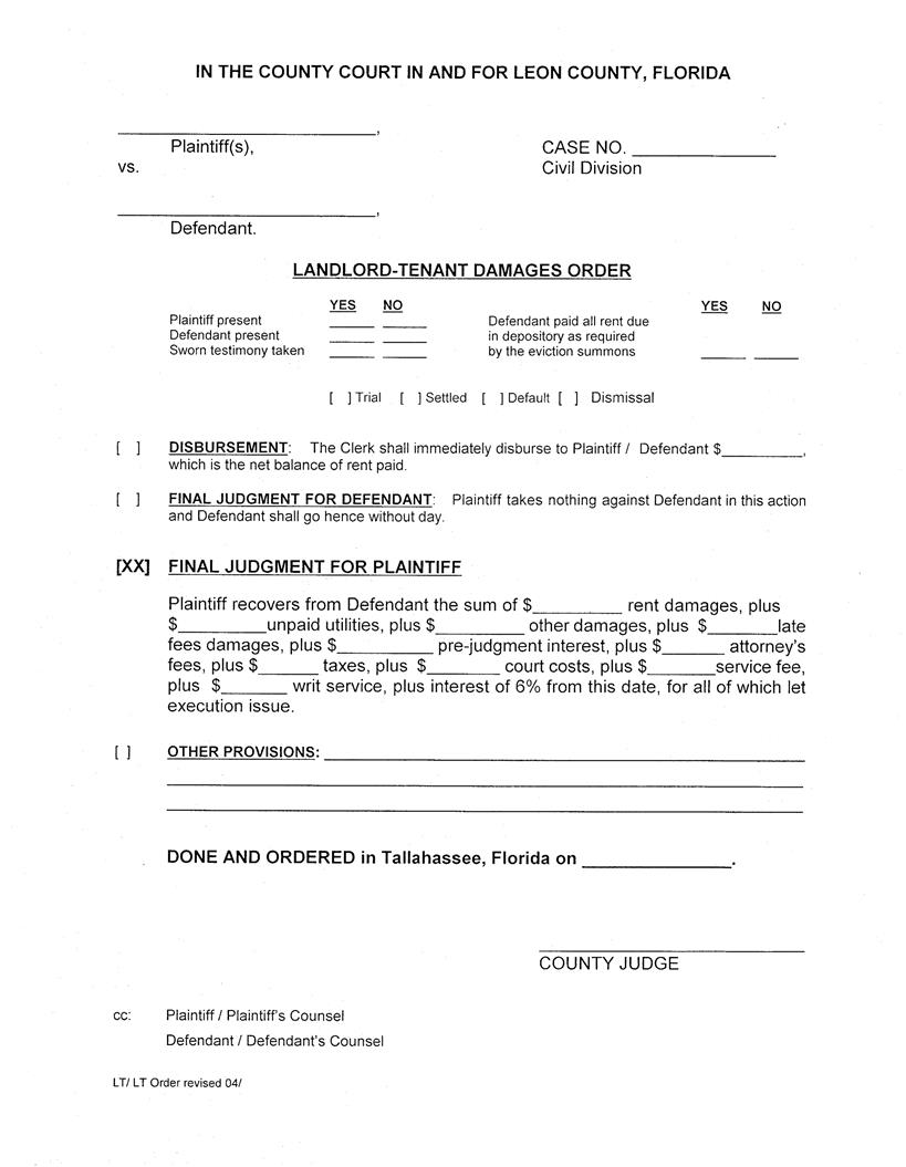 Landlord-Tenant Damages Order | Pdf Fpdf Docx | Florida