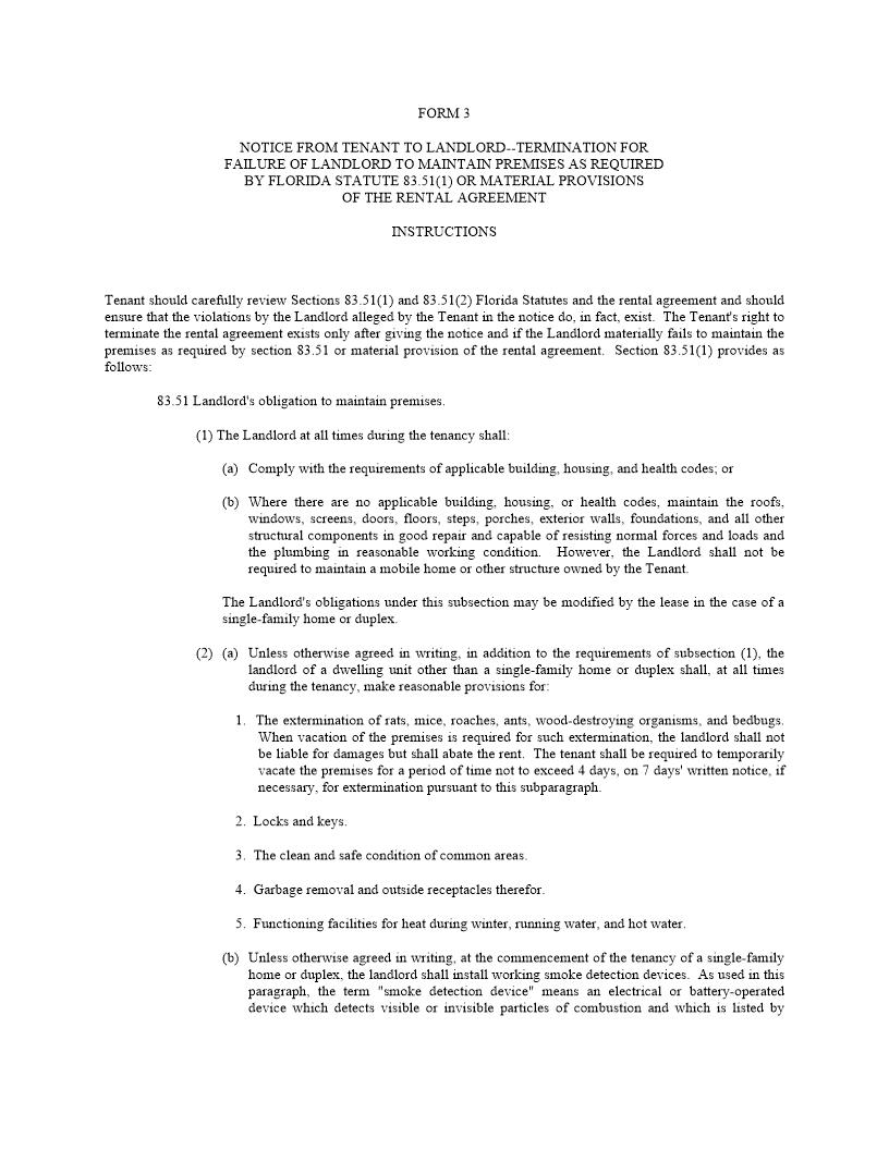 Notice From Tenant - Termination Failure Of Landlord To Maintain Premises {FORM 3} | Pdf Fpdf Docx | Florida