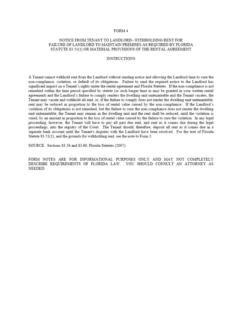 Notice From Tenant - Withholding Rent Failure Of Landlord Maintain Premises {FORM 3} | Pdf Fpdf Docx | Florida