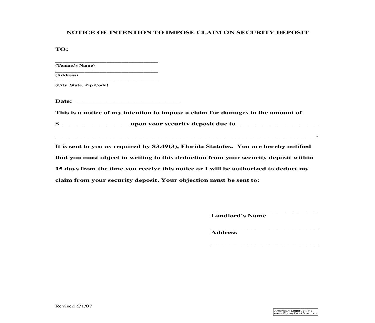 Notice Of Intention To Impose Claim On Security Deposit | Pdf Fpdf Doc Docx | Florida