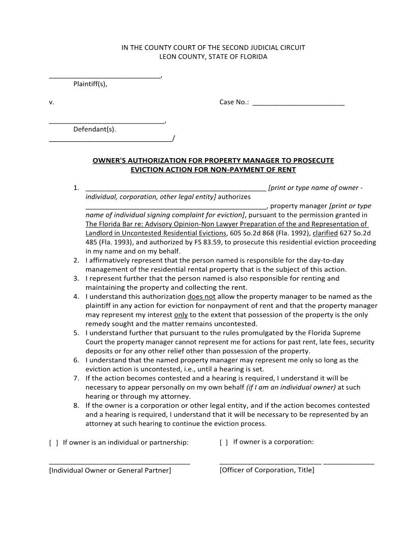 Owners Authorization For Property Manager To Prosecute Eviction Action Non-Payment | Pdf Fpdf Docx | Florida